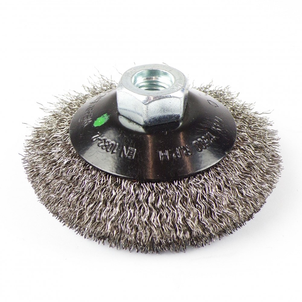 Kónická kefa, vlnitý nerezový drôt 0,3 mm, M14, 100x10
