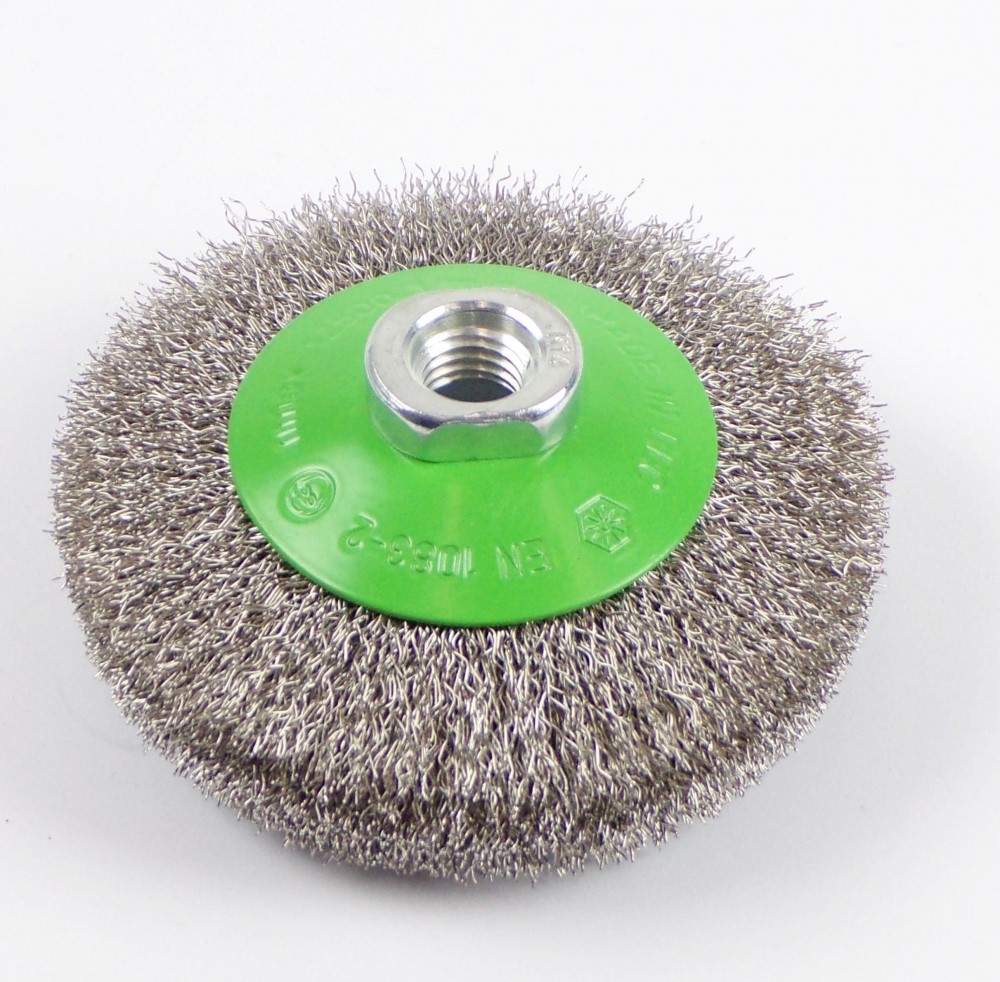 Kónická kefa, vlnitý nerezový drôt 0,3 mm, M14, 100x20